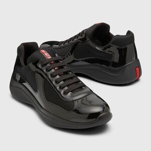 Prada Black Patent Leather & Mesh Men's Sneakers with Red Accents